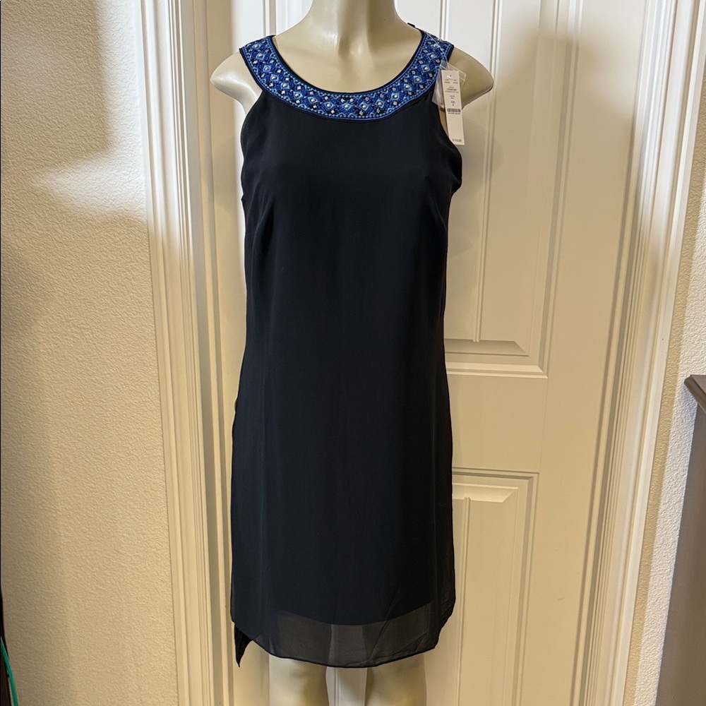 White House‎ Black Market Black Dress with Embellished Blue Neckline